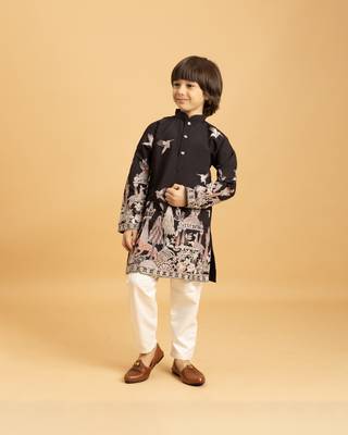 black viscose silk thread embroidered boys kurta pajama 1