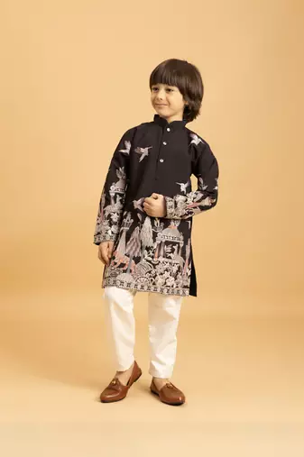 black viscose silk thread embroidered boys kurta pajama