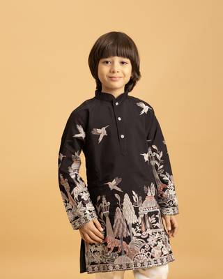 black viscose silk thread embroidered boys kurta pajama 2