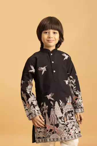 black viscose silk thread embroidered boys kurta pajama