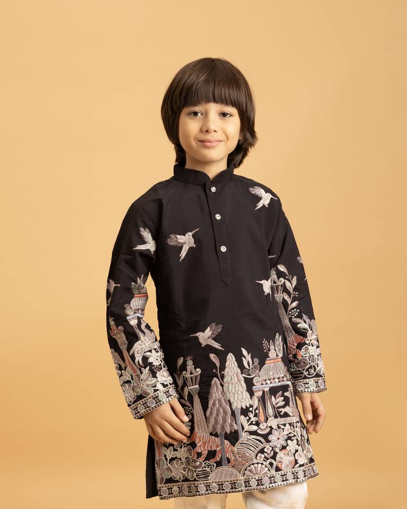 Black viscose silk thead with sequins embroidered work wedding function festival party boys straight kurta pant