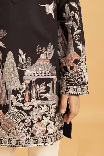 black viscose silk thread embroidered boys kurta pajama