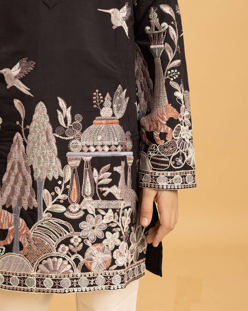 Black viscose silk thead with sequins embroidered work wedding function festival party boys straight kurta pant