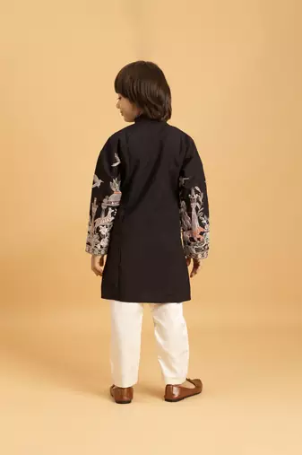 black viscose silk thread embroidered boys kurta pajama