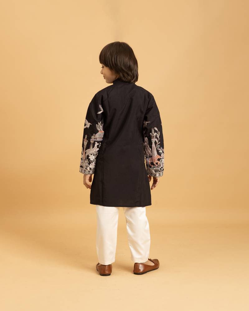 Black viscose silk thead with sequins embroidered work wedding function festival party boys straight kurta pant