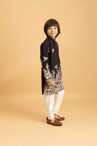 black viscose silk thread embroidered boys kurta pajama