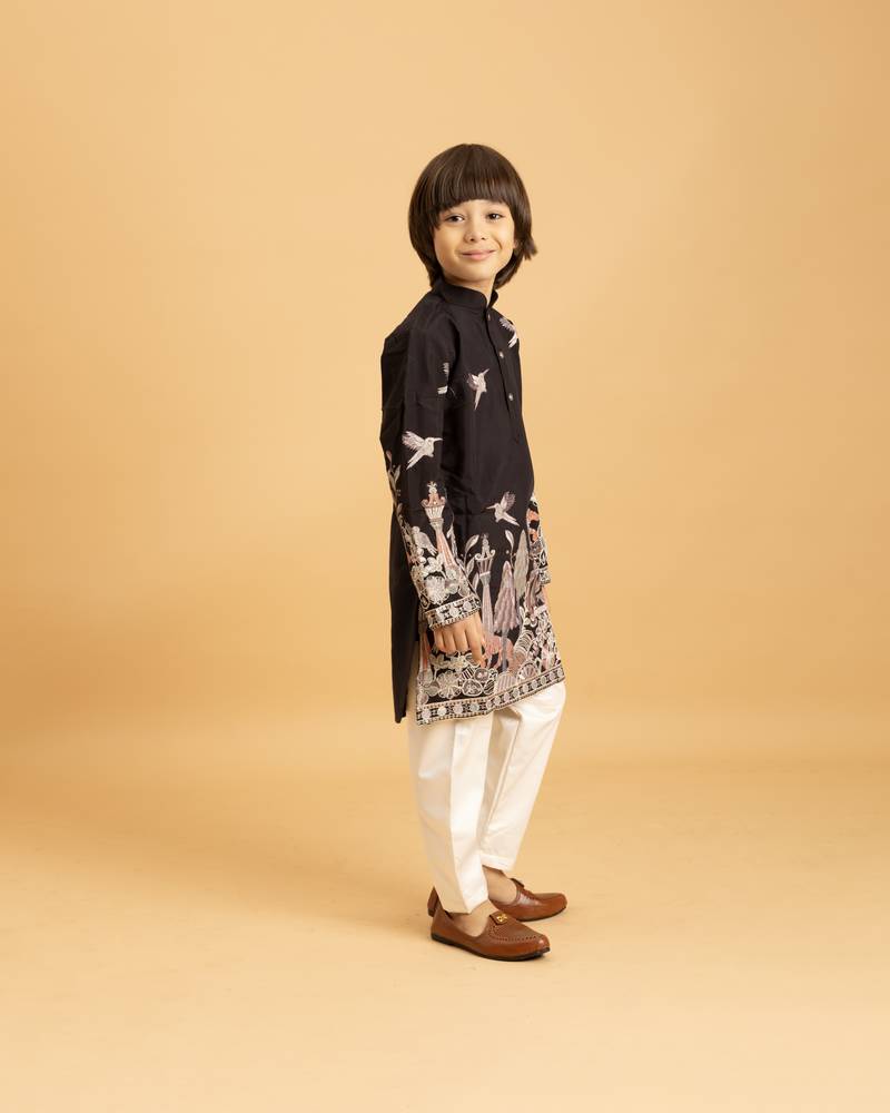 Black viscose silk thead with sequins embroidered work wedding function festival party boys straight kurta pant