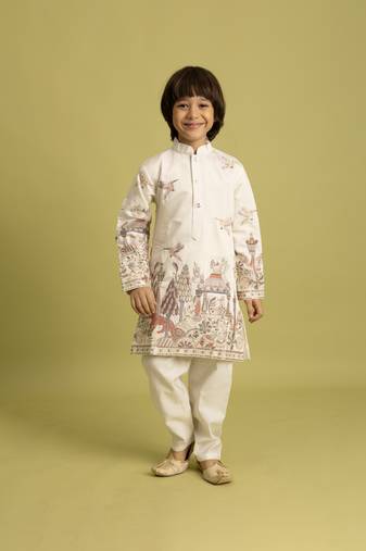 White viscose silk thead with sequins embroidered work wedding function festival party boys straight kurta pant
