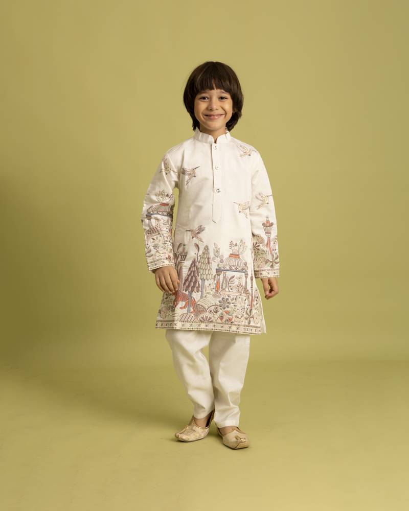 White viscose silk thead with sequins embroidered work wedding function festival party boys straight kurta pant