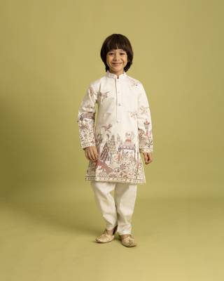 white viscose silk thread embroidered boys kurta pajama 1