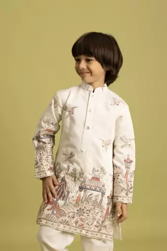 white viscose silk thread embroidered boys kurta pajama