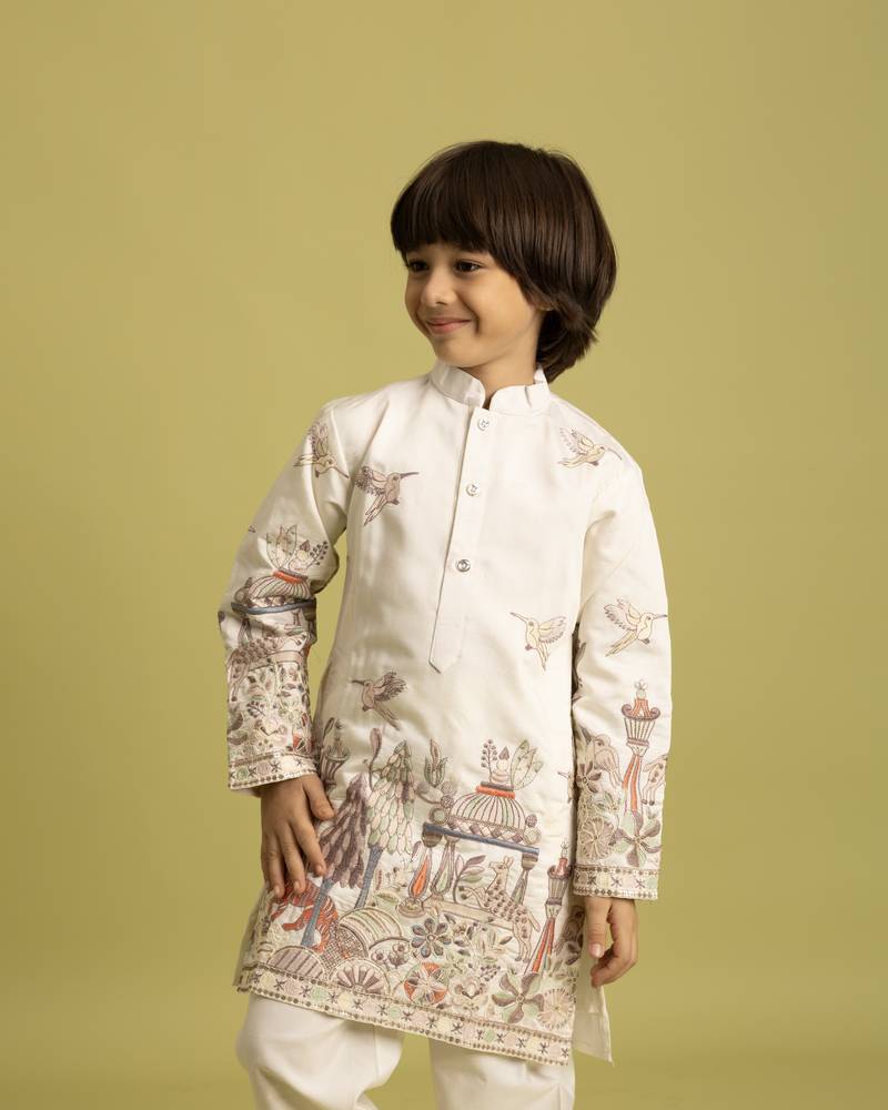 White viscose silk thead with sequins embroidered work wedding function festival party boys straight kurta pant