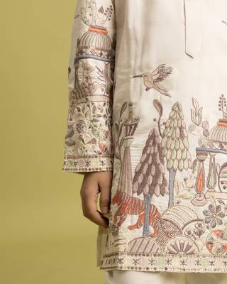 white viscose silk thread embroidered boys kurta pajama 3