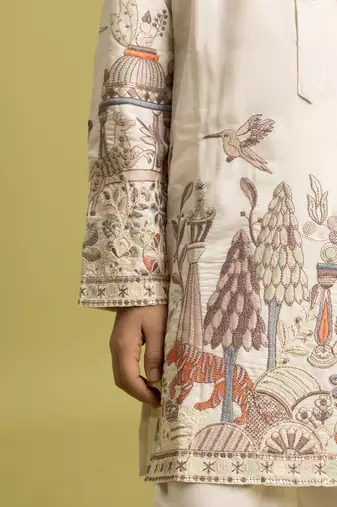 white viscose silk thread embroidered boys kurta pajama