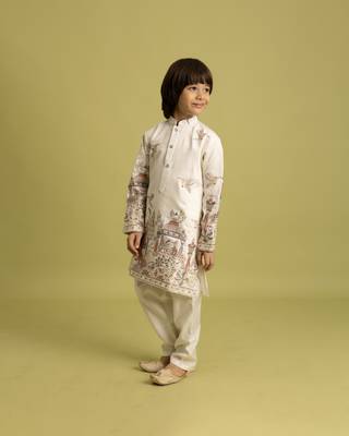 white viscose silk thread embroidered boys kurta pajama 4