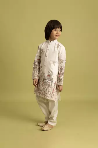 white viscose silk thread embroidered boys kurta pajama