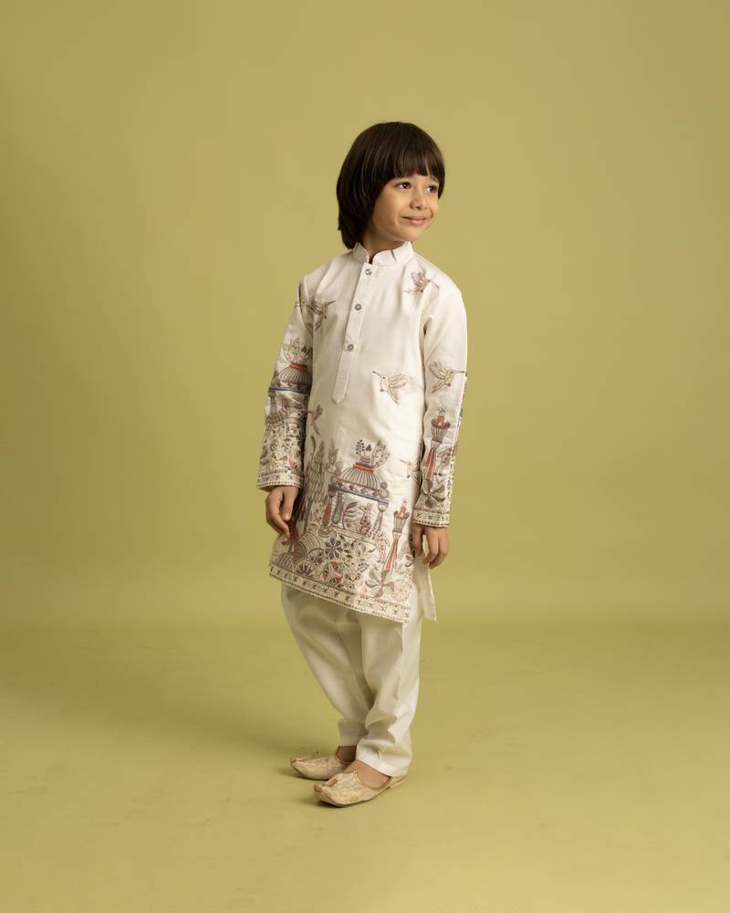 White viscose silk thead with sequins embroidered work wedding function festival party boys straight kurta pant