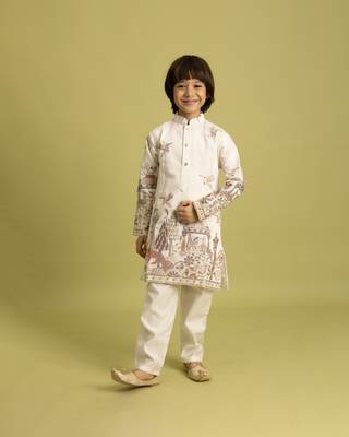 white viscose silk thread embroidered boys kurta pajama 5