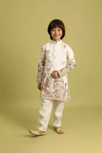 white viscose silk thread embroidered boys kurta pajama