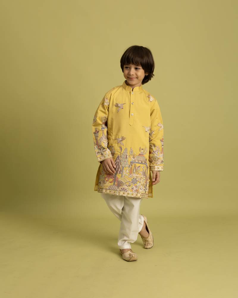 Yellow viscose silk thead with sequins embroidered work wedding function festival party boys straight kurta pant
