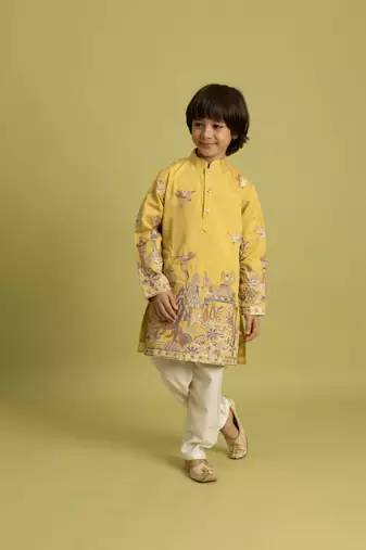 Yellow viscose silk thead with sequins embroidered work wedding function festival party boys straight kurta pant