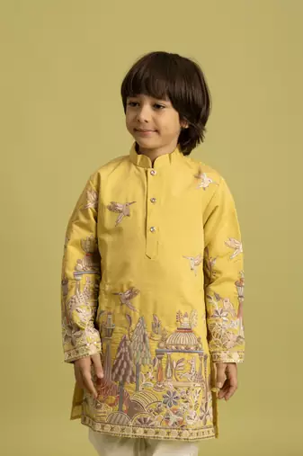 yellow viscose silk thread embroidered boys kurta pajama