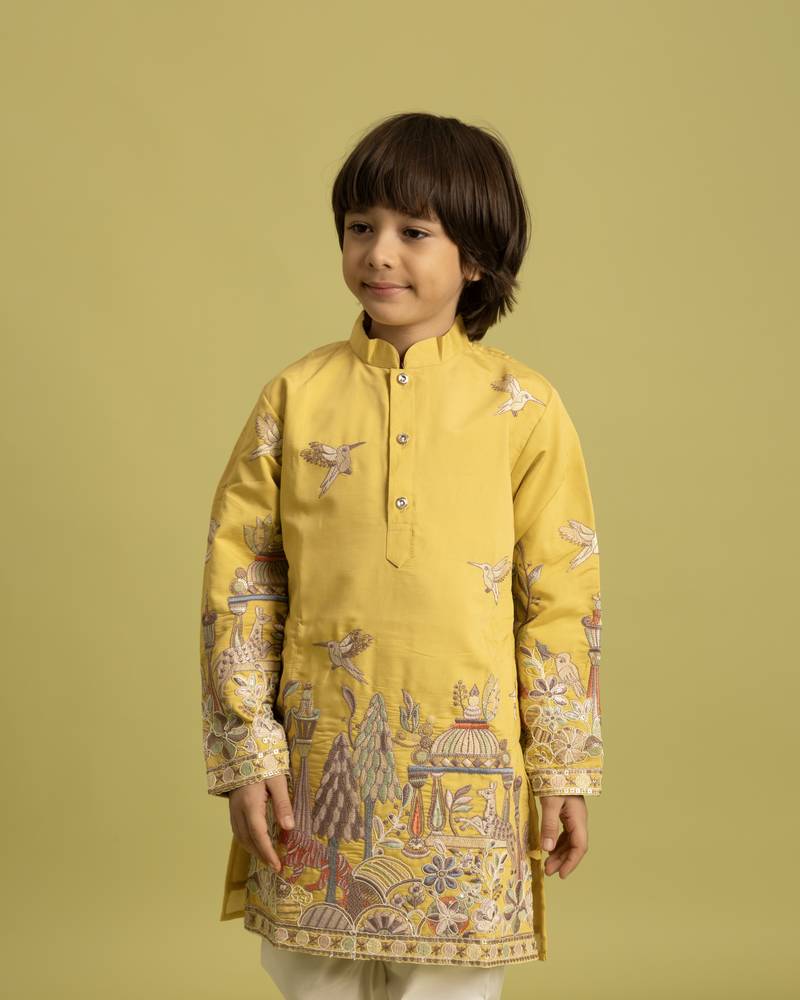 Yellow viscose silk thead with sequins embroidered work wedding function festival party boys straight kurta pant