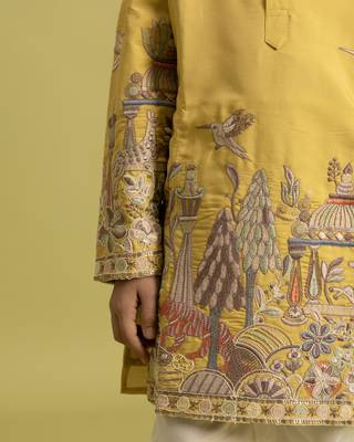 yellow viscose silk thread embroidered boys kurta pajama 3
