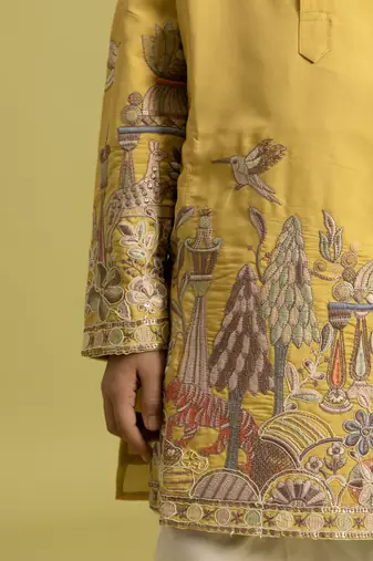 yellow viscose silk thread embroidered boys kurta pajama