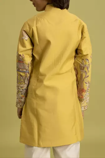 yellow viscose silk thread embroidered boys kurta pajama