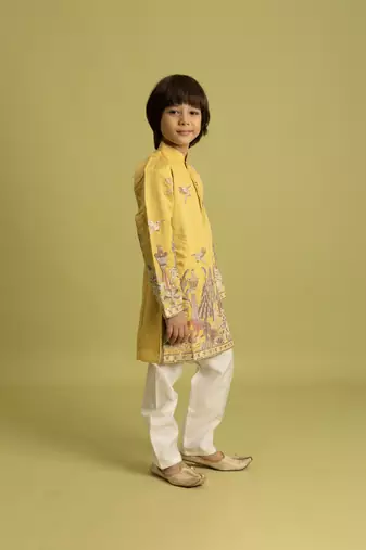 yellow viscose silk thread embroidered boys kurta pajama