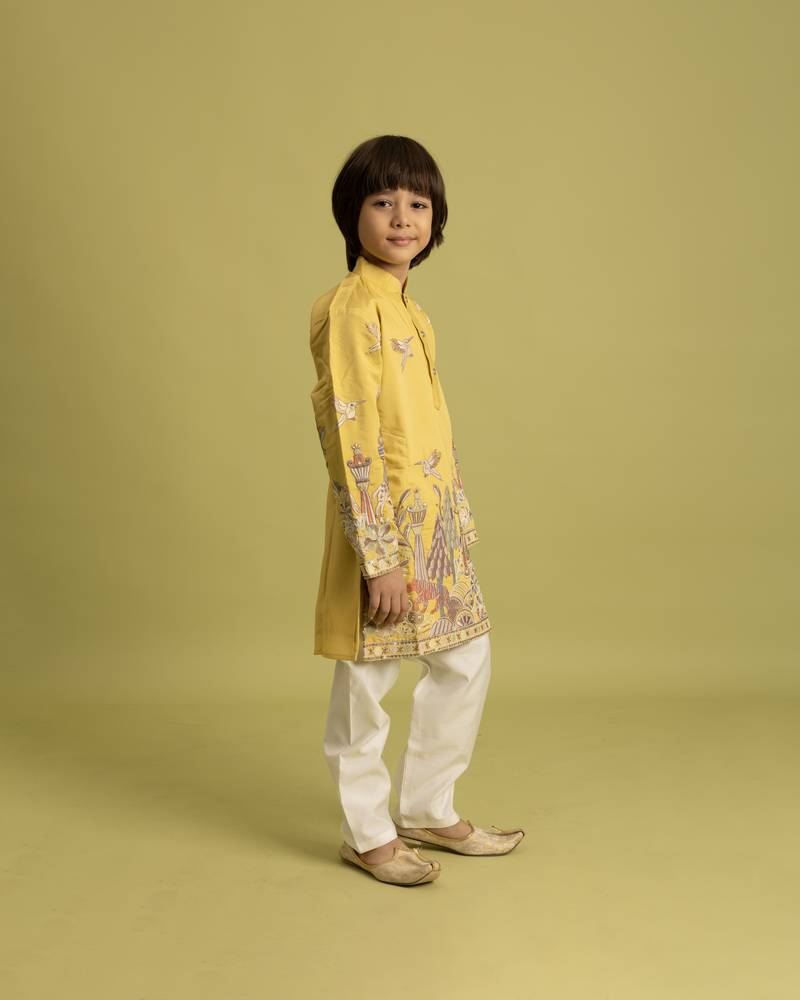 Yellow viscose silk thead with sequins embroidered work wedding function festival party boys straight kurta pant