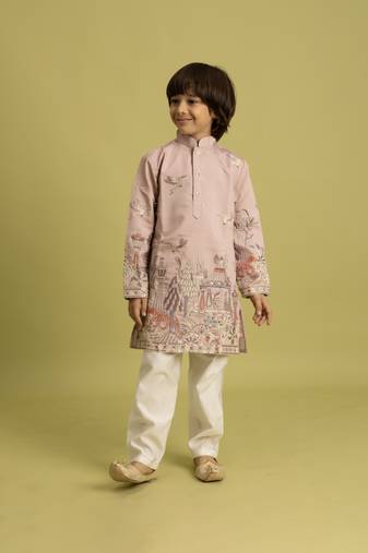Peach viscose silk thead with sequins embroidered work wedding function festival party boys straight kurta pant