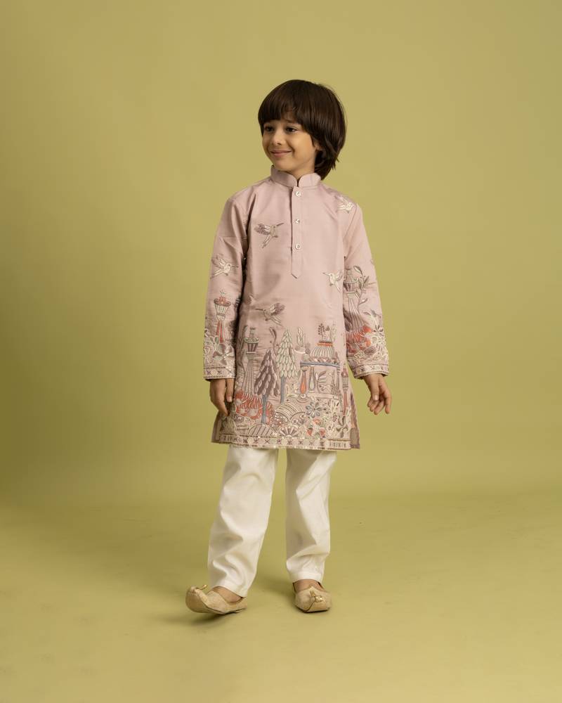 Peach viscose silk thead with sequins embroidered work wedding function festival party boys straight kurta pant