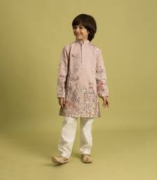 peach viscose silk thread embroidered boys kurta pajama