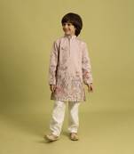 Peach viscose silk thead with sequins embroidered work wedding function festival party boys straight kurta pant