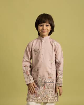 peach viscose silk thread embroidered boys kurta pajama 2