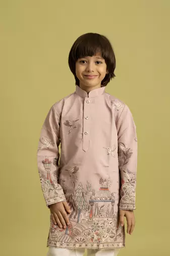 peach viscose silk thread embroidered boys kurta pajama