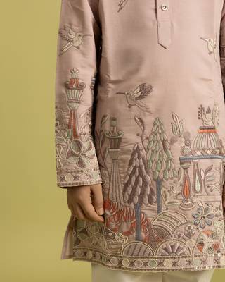 peach viscose silk thread embroidered boys kurta pajama 3