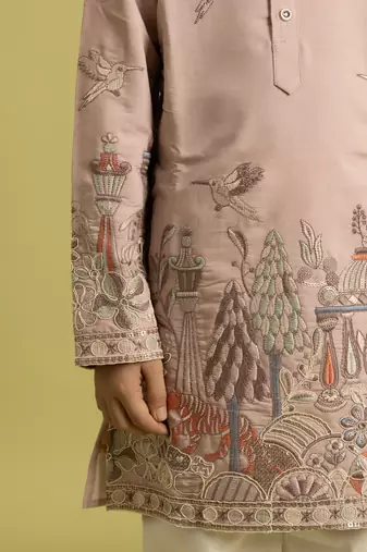 peach viscose silk thread embroidered boys kurta pajama