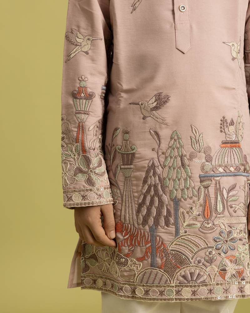 Peach viscose silk thead with sequins embroidered work wedding function festival party boys straight kurta pant