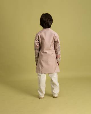 peach viscose silk thread embroidered boys kurta pajama 4