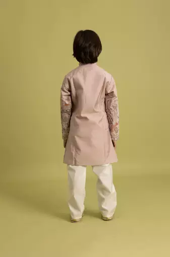 peach viscose silk thread embroidered boys kurta pajama