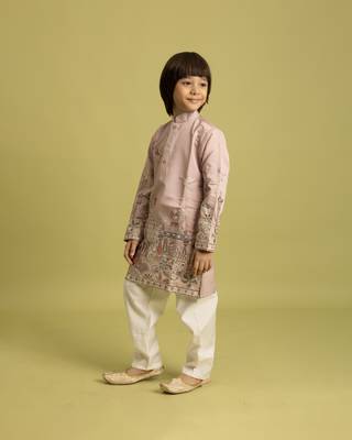 peach viscose silk thread embroidered boys kurta pajama 5