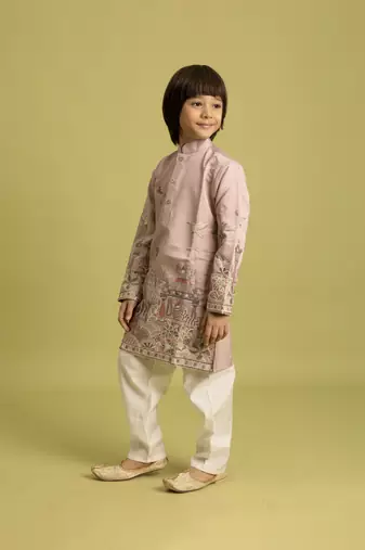 peach viscose silk thread embroidered boys kurta pajama