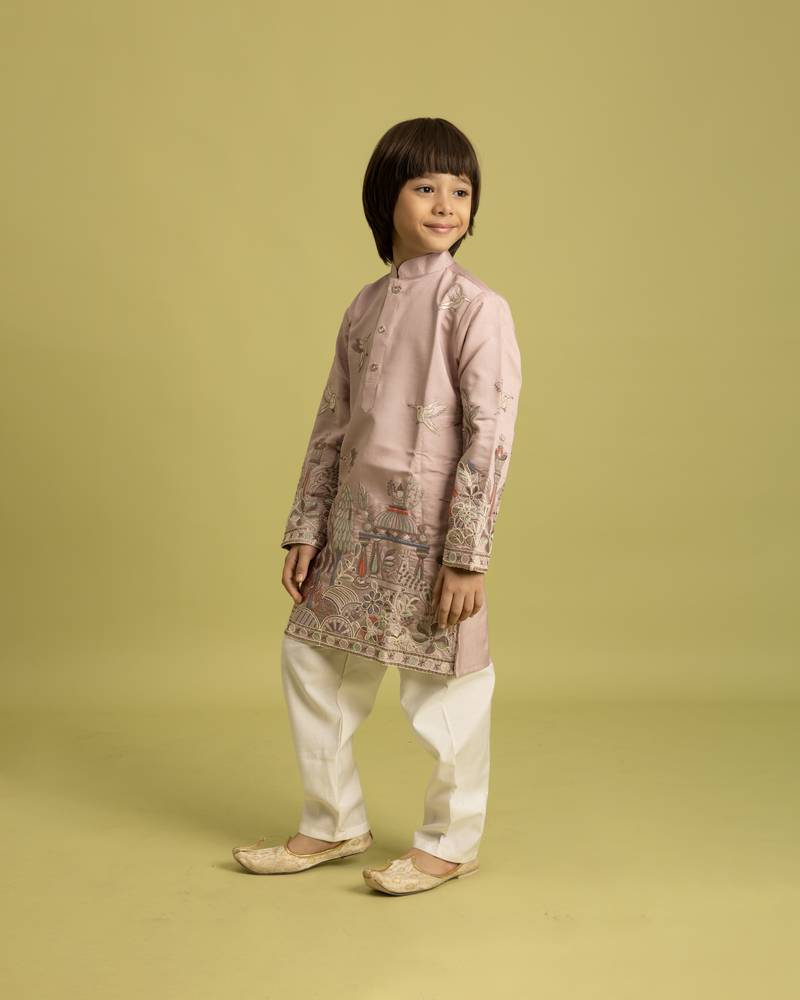 Peach viscose silk thead with sequins embroidered work wedding function festival party boys straight kurta pant