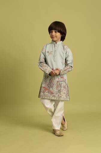 Pista green viscose silk thead with sequins embroidered work wedding function festival party boys straight kurta pant