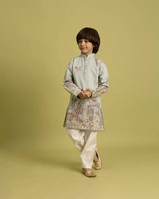 pista green viscose silk thread embroidered boys kurta pajama 1