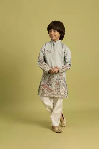 Pista green viscose silk thead with sequins embroidered work wedding function festival party boys straight kurta pant