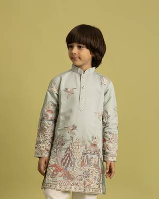 pista green viscose silk thread embroidered boys kurta pajama 2